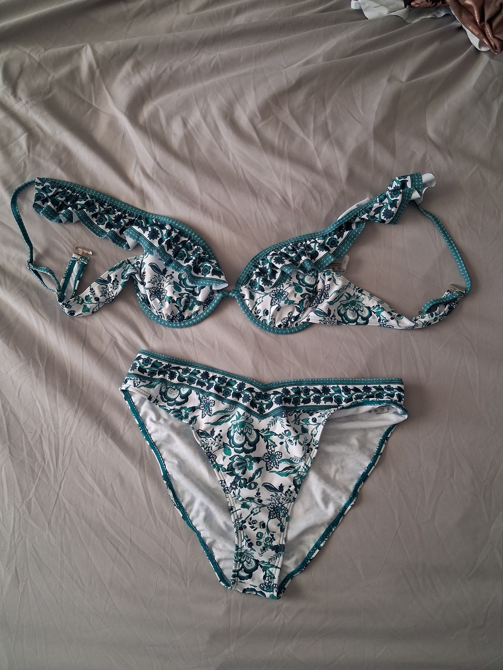 Teal and White Floral Ruffle Bikini Set - Women's Two-Piece Swimwear